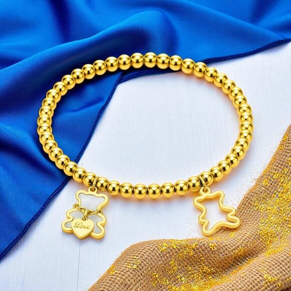 🆕️Whimsical 18K Gold Plated Stainless Steel Bear Charm Beaded Dainty Bracelet - Picture 1 of 14